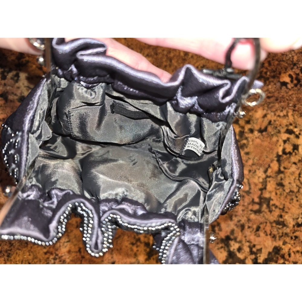 Vintage Bijoux Terner Grey Satin Beaded Clutch Bag Silver Kiss Lock Party Formal - Picture 4 of 4